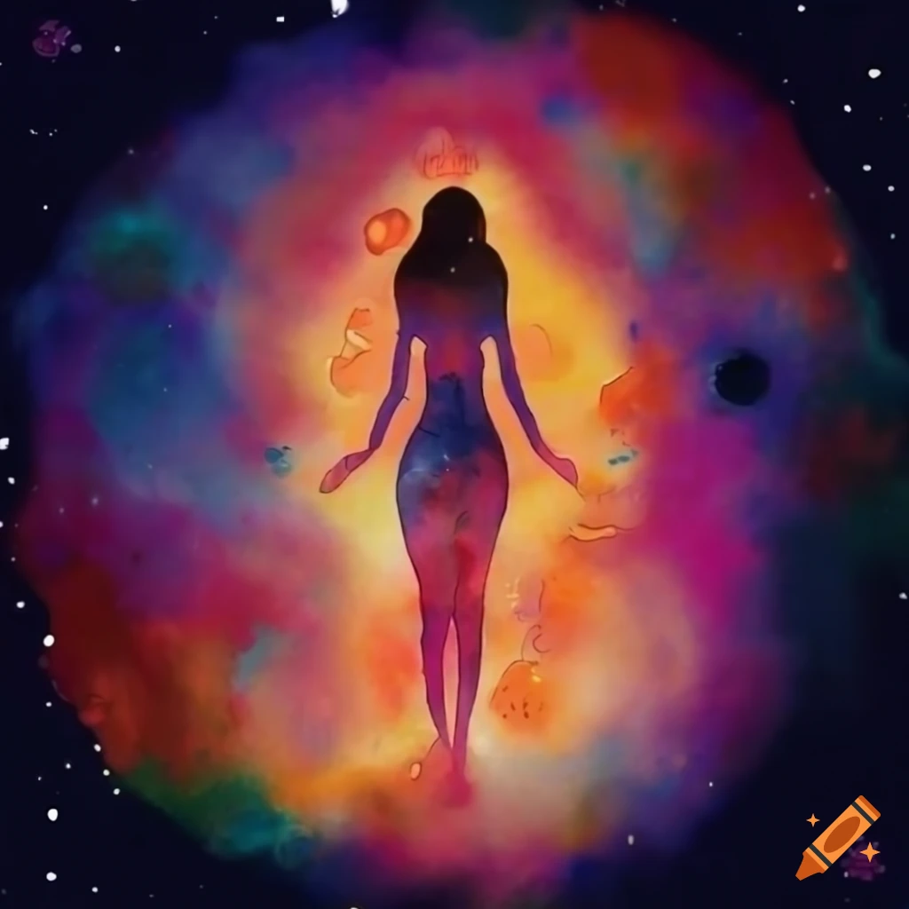 Human aura with bright warm colors and stars and planets in a Ukiyo-e style anime illustration