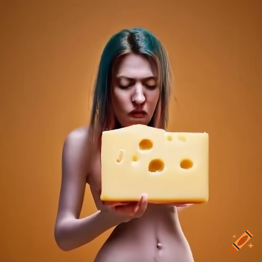 Woman fascinated by a block of cheese on a string