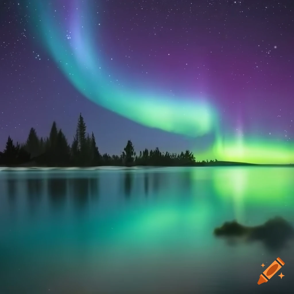 Colorful 3D aurora lights over a seascape with trees and the galaxy