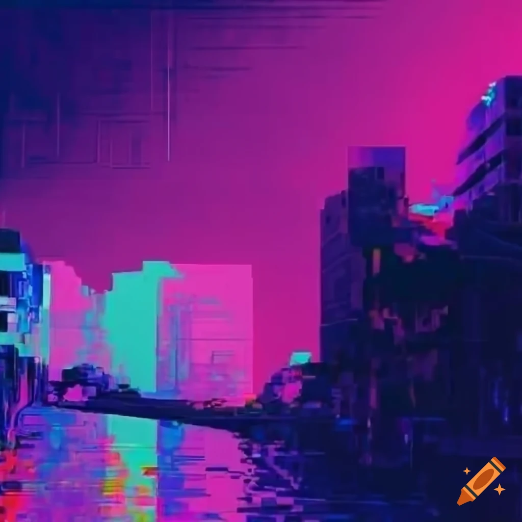 Los Angeles cityscape in glitch art style with vaporwave aesthetics