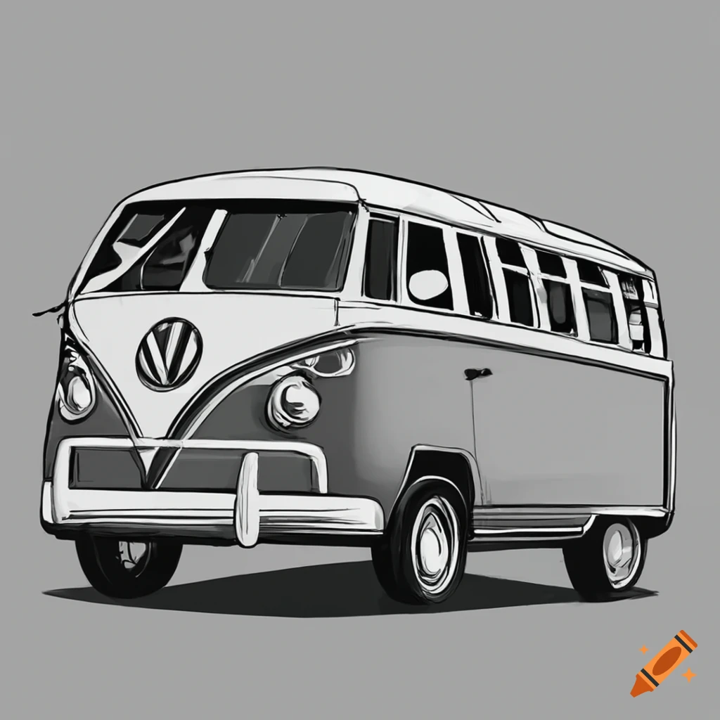 Black and white drawing of a Volkswagen T1 Samba Bus
