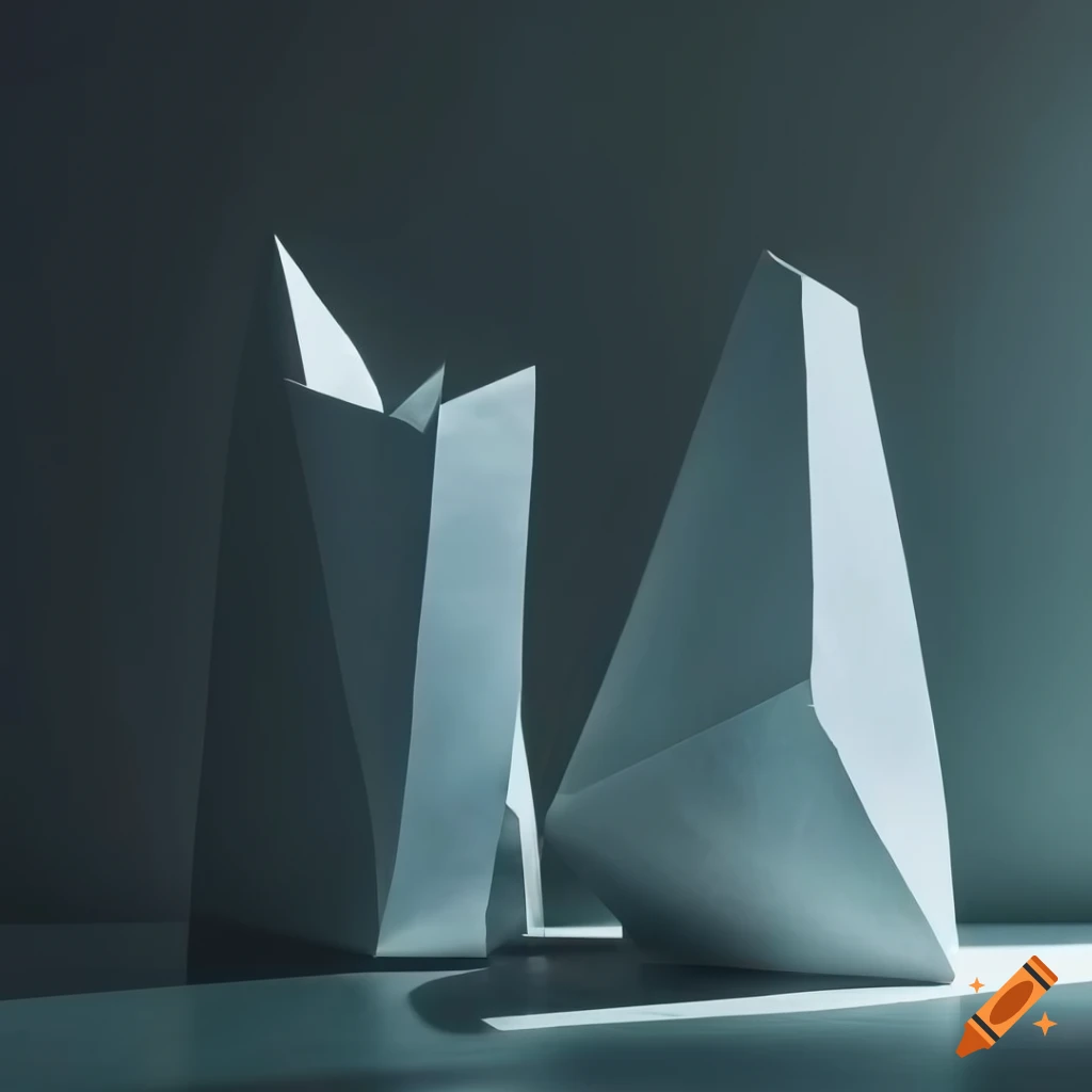 Folded asymmetrical paper sculptures on table in a dark room with shadows