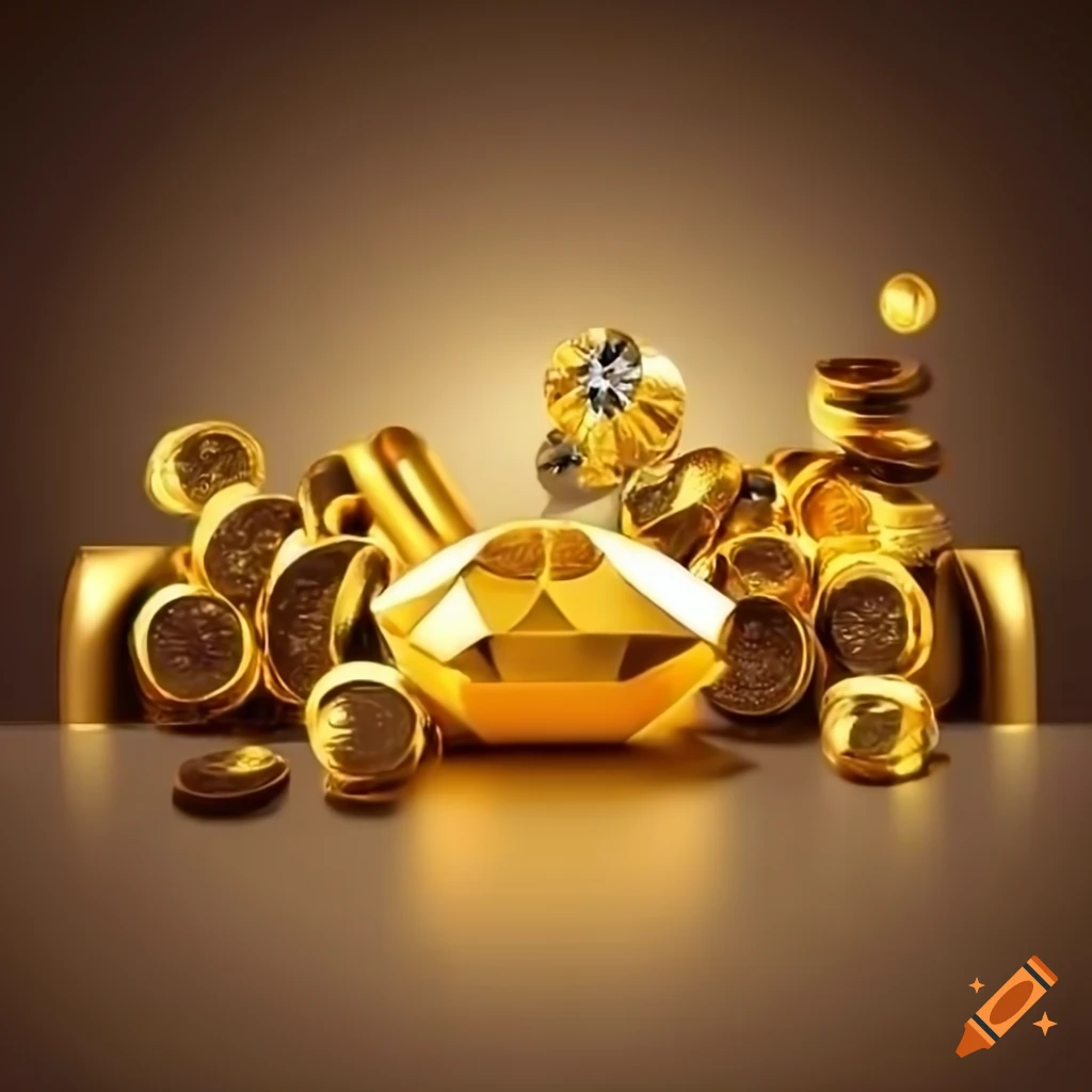 Elegant display of gold and diamond wealth with coins and gems