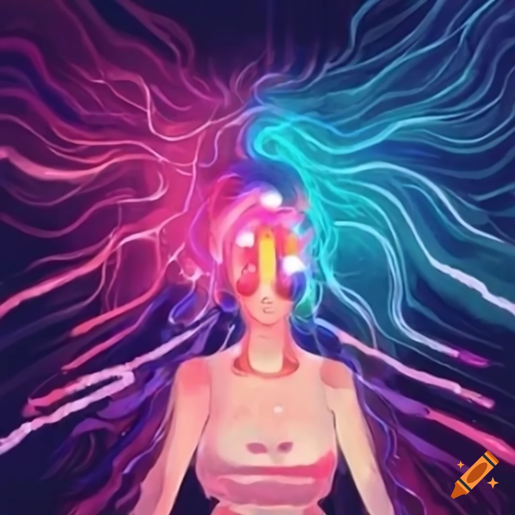 Human aura with bright warm colors and stars and planets in a Ukiyo-e style anime illustration