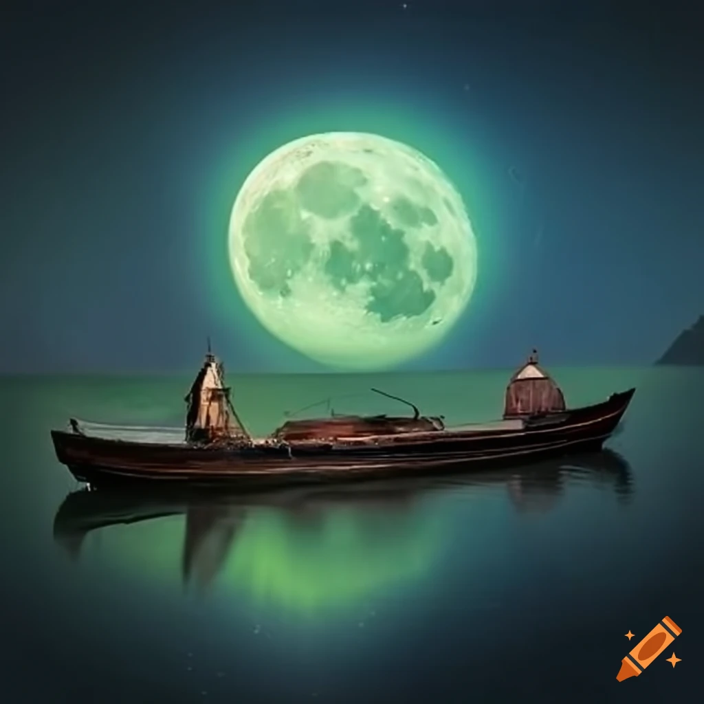 Aurora with moon and boat in pretty water