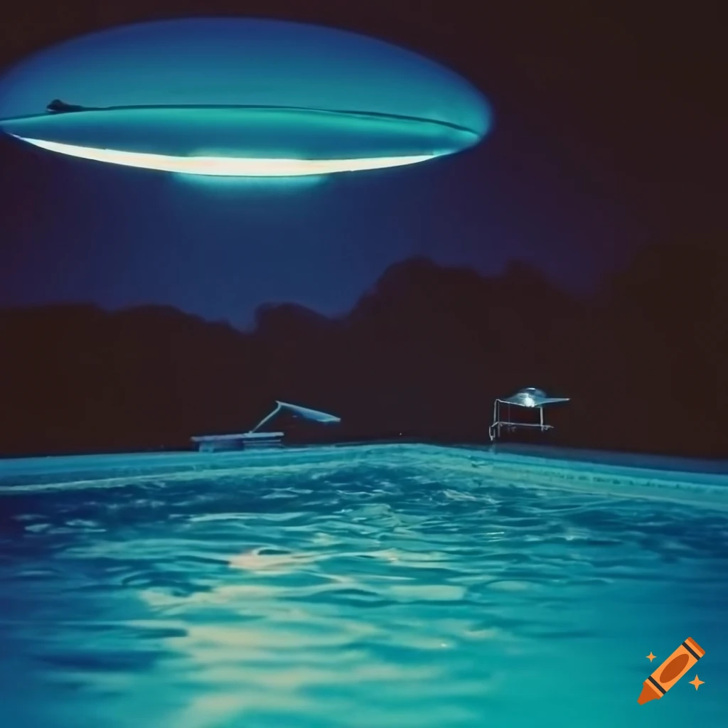 Late night outdoor pool with an alien and UFO in the sky