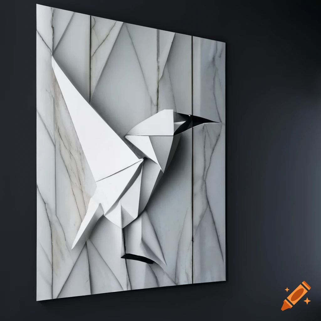 Origami sculpture marble of a large bird moving from the wall