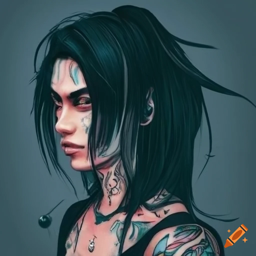 Handsome man with long black hair, tattoos, and piercings