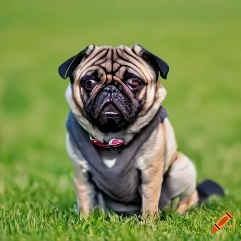 Endearing pug sitting on a green field with a branded background