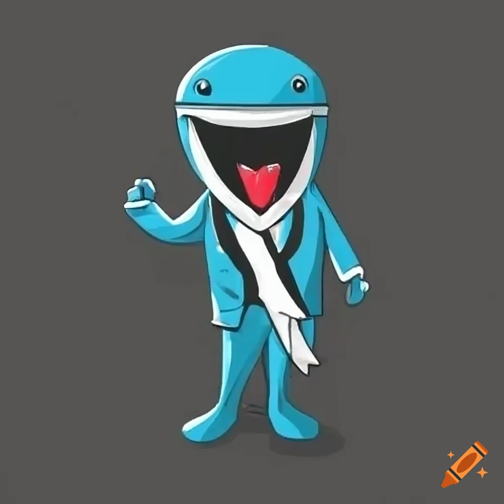 Blue whale mascot wearing a sash with empowering words and standing on two feet