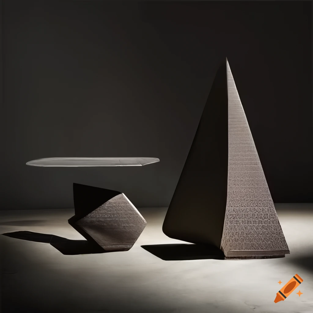 Two unique asymmetrical ceramic objects on table in dark hotel room