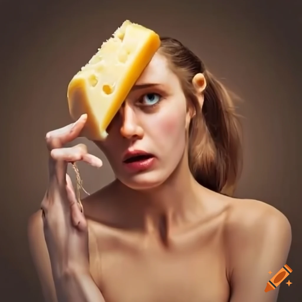 Woman fascinated by a block of cheese on a string