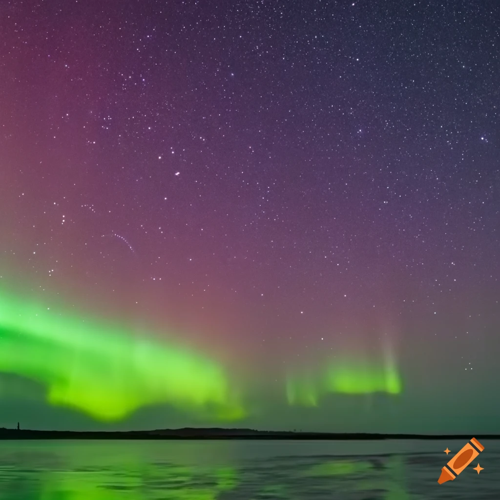 Aurora lights over an island with pink stars