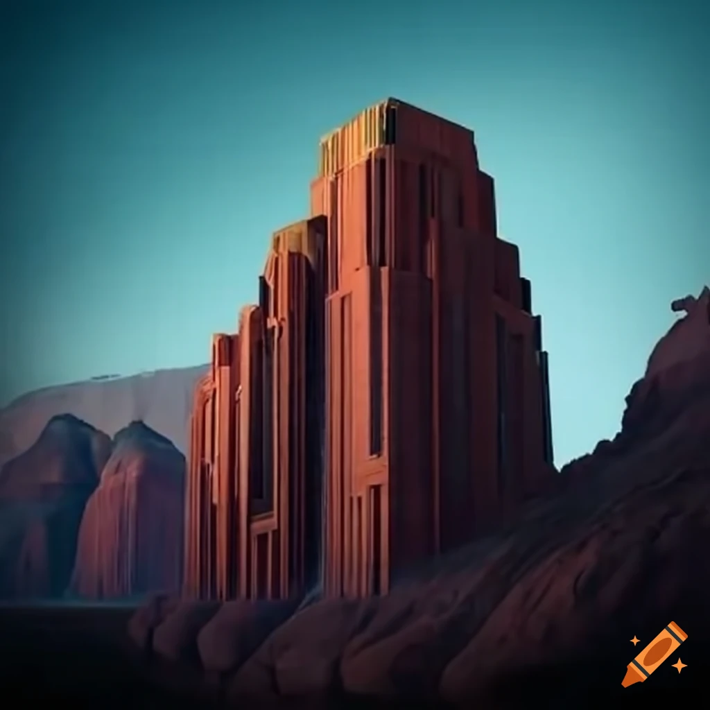 Native American Art Deco skyscraper in a canyon