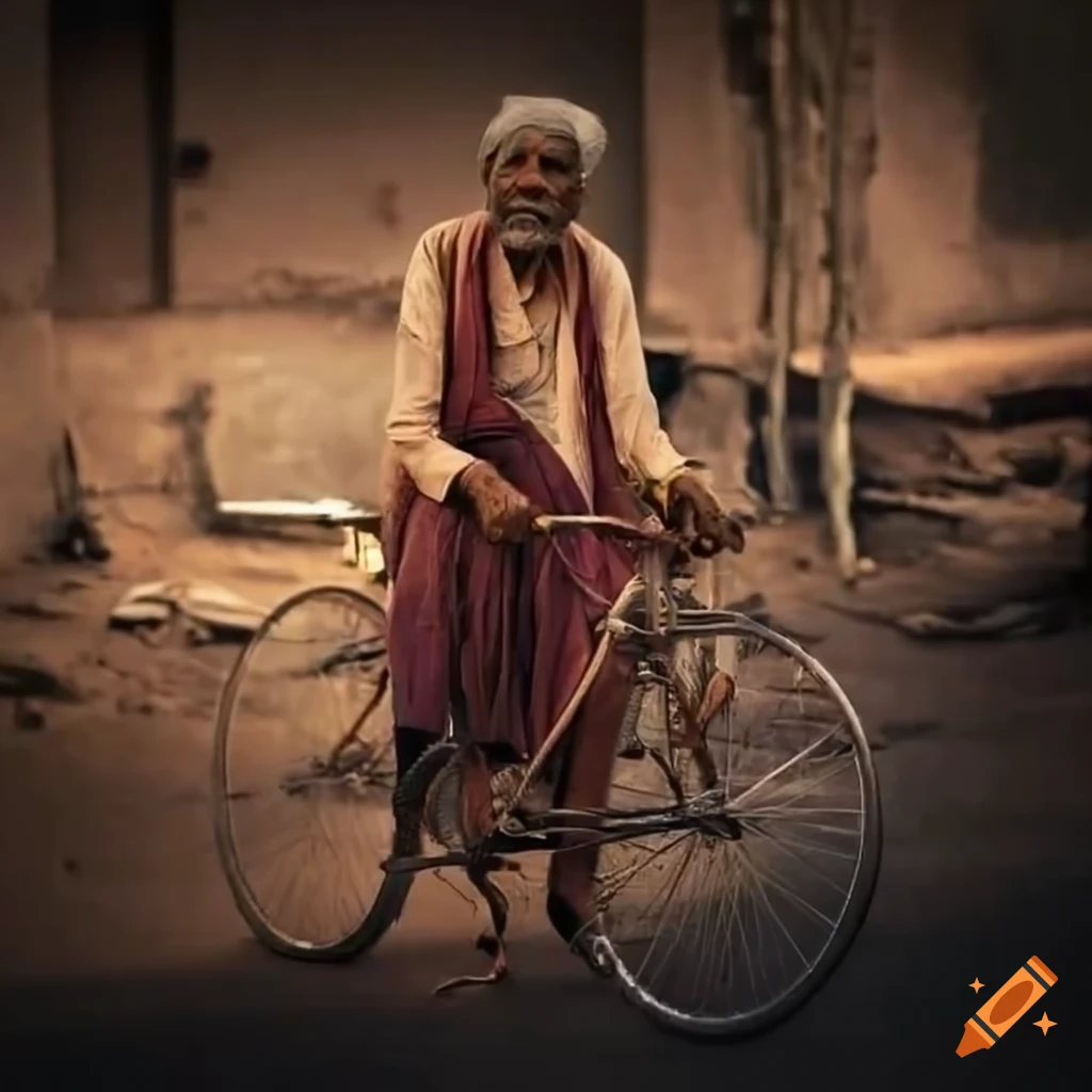 Indian farmer old man sitting on a bicycle in a village in Maharashtra