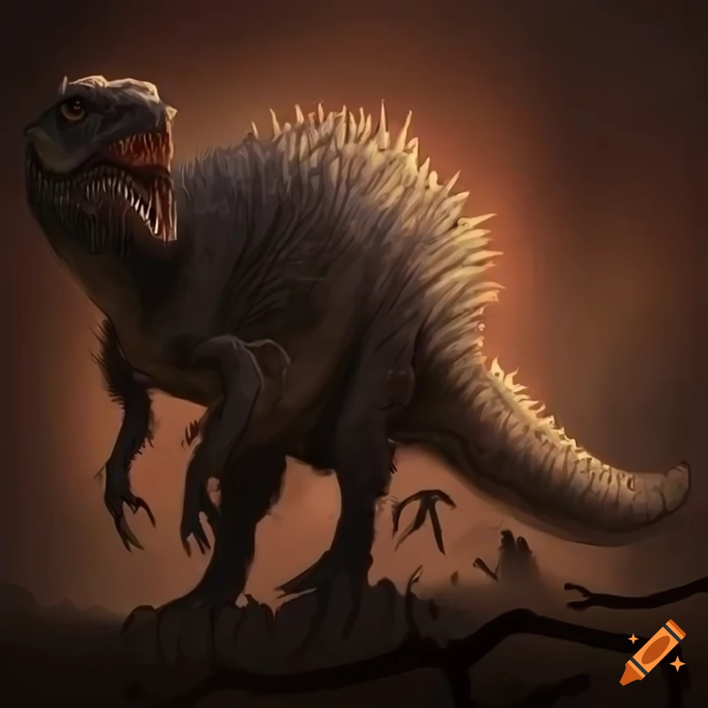 Feathered t-rex walking in a wasteland in a fantasy art style