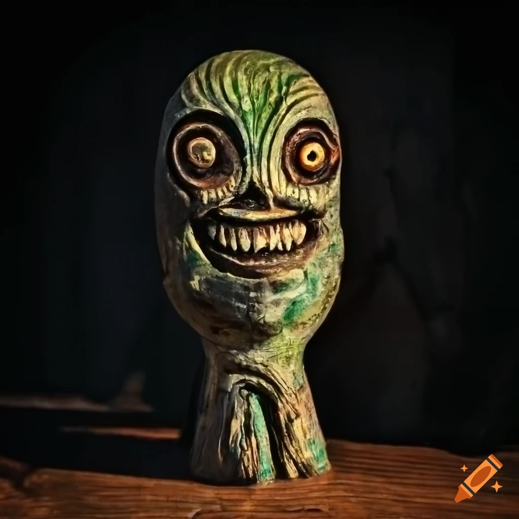 Rustic wooden idol of an alien creature in Fauve style