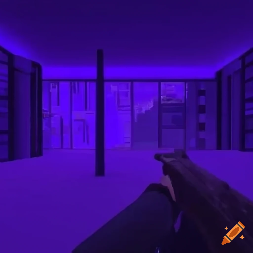 First-person view of a Nordic building lit up at night