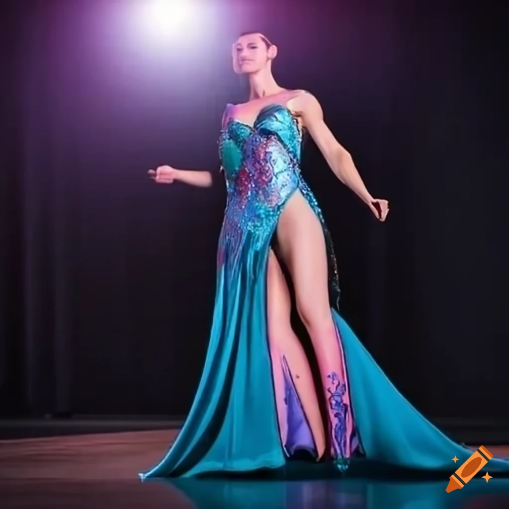 Powerful Wonder Woman displaying strength and beauty on stage in gown and high heels