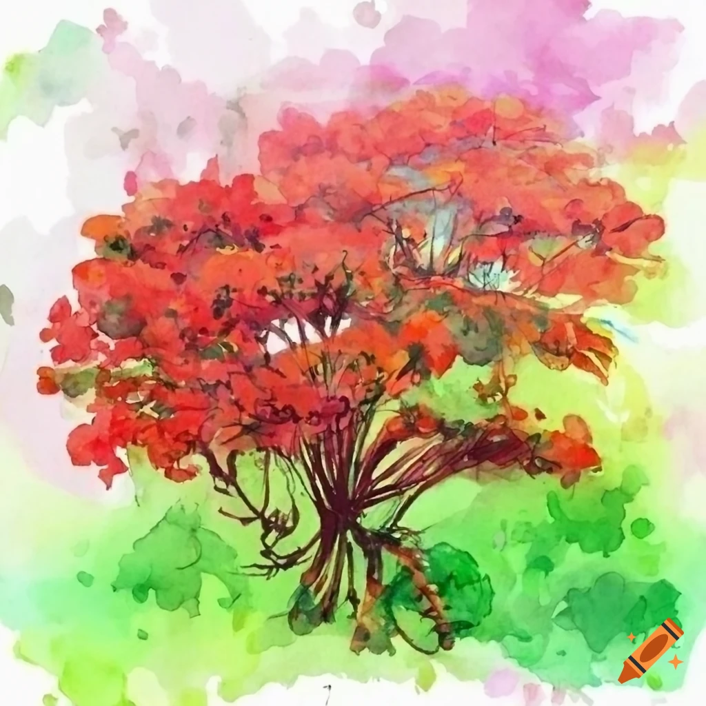 Exotic Vietnamese summer landscape with red poinciana flowers and cicadas