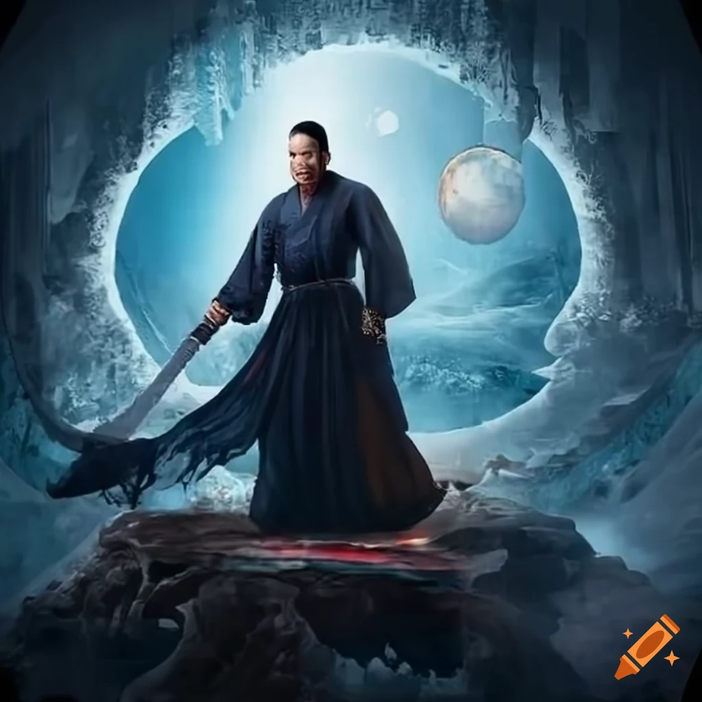 Middle-aged Asian man holding a katana in a legendary icy universe
