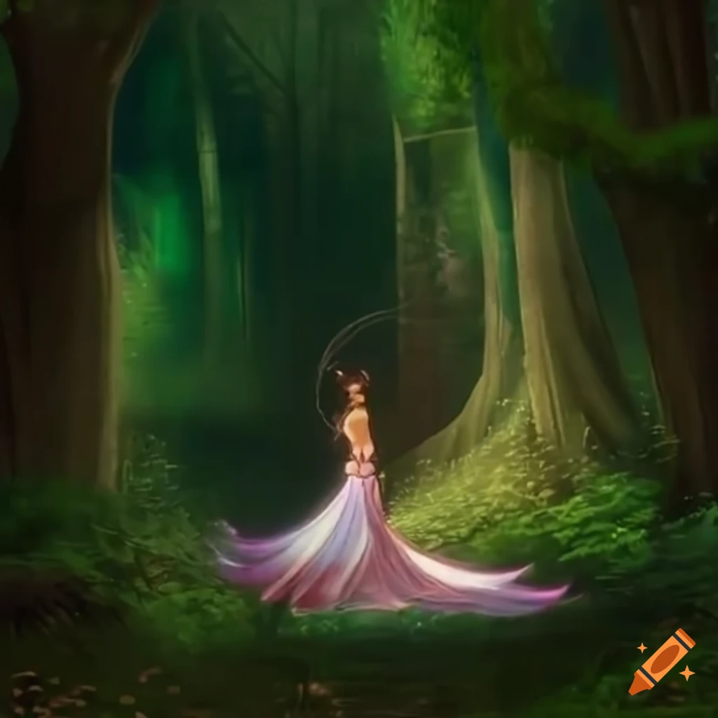 Princess Lily twirling in the Enchanted Forest with golden hair shining