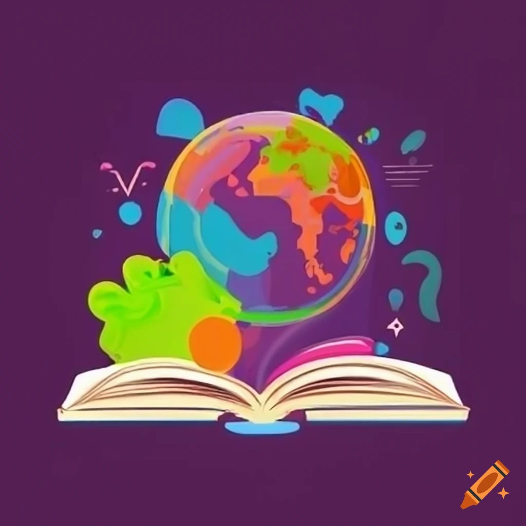 Icon representing learning and curiosity with a book and diverse shapes in vibrant colors