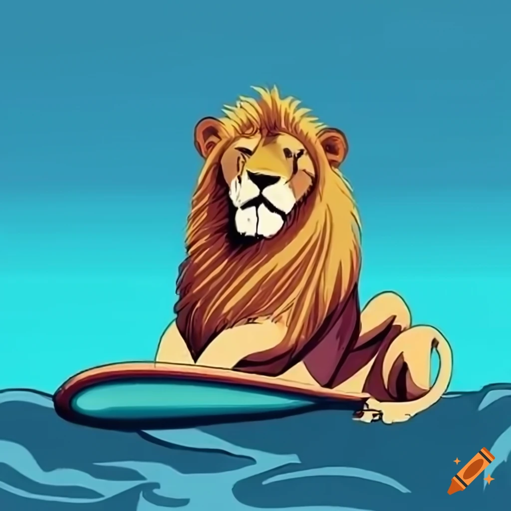 Muscular lion holding a surfboard with few lines, smiling, and aggressive