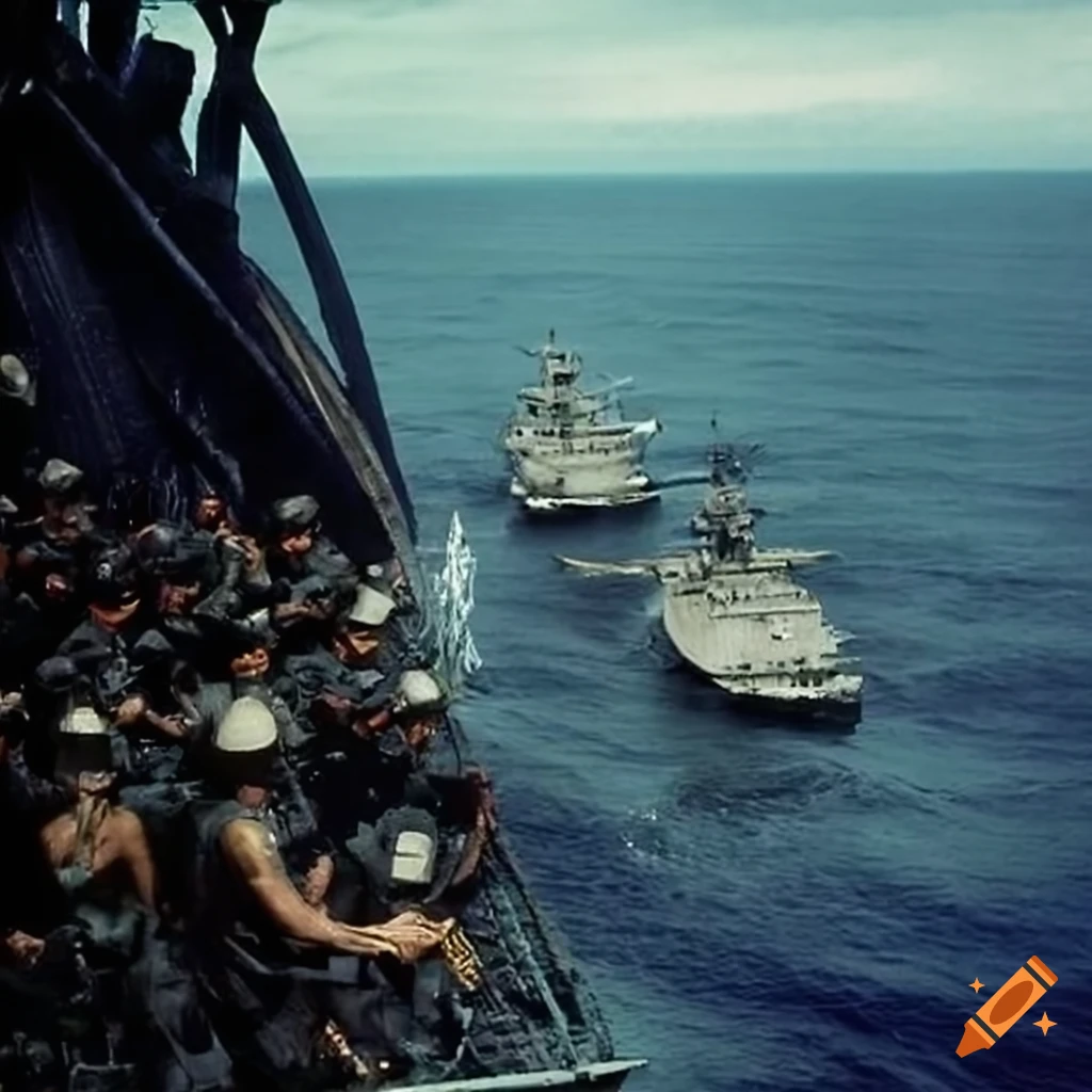 Allied invasion fleet celebrating survival after enemy withdrawal