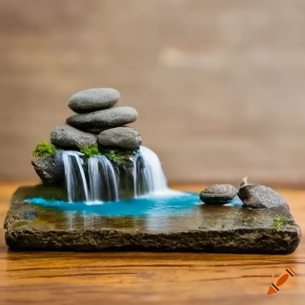 Miniature diorama of a waterfall between zen rocks on a wooden table