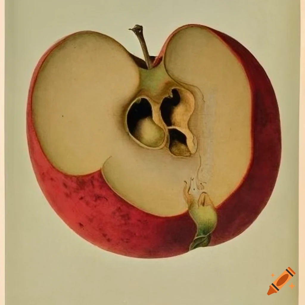 Detailed 19th century chromolithograph of a rotten apple cut in half