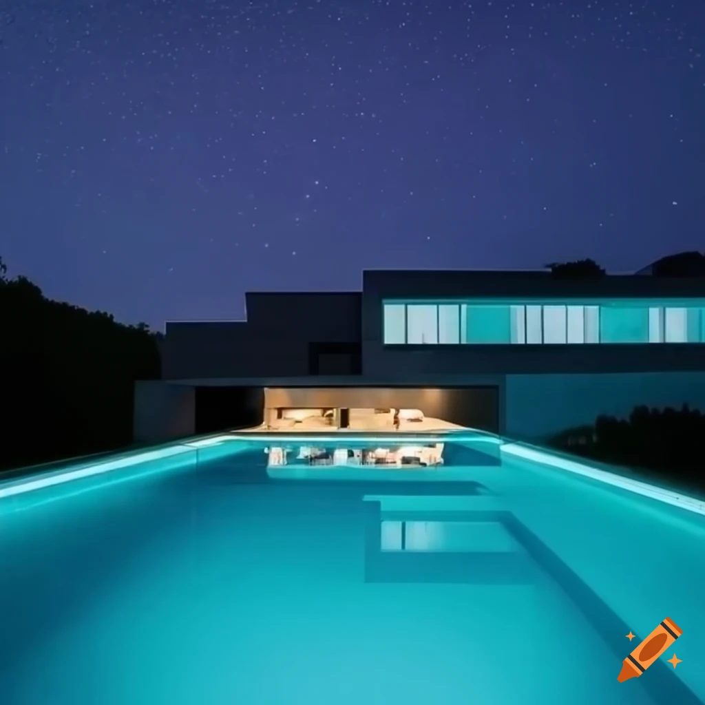 Ultrafuturistic green villa with a pool at sunset under a starry sky