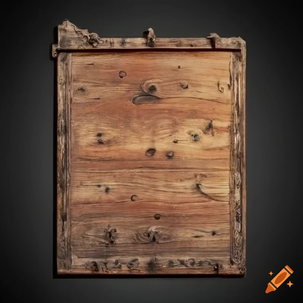 Antique wooden sign with intricate carpentry details in the style of Frank Duveneck
