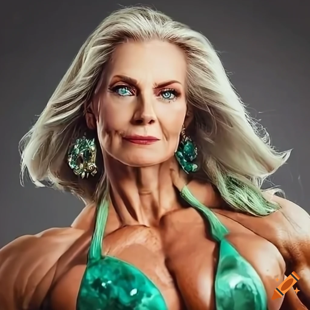 Mature blonde woman transformed into a muscular bodybuilder