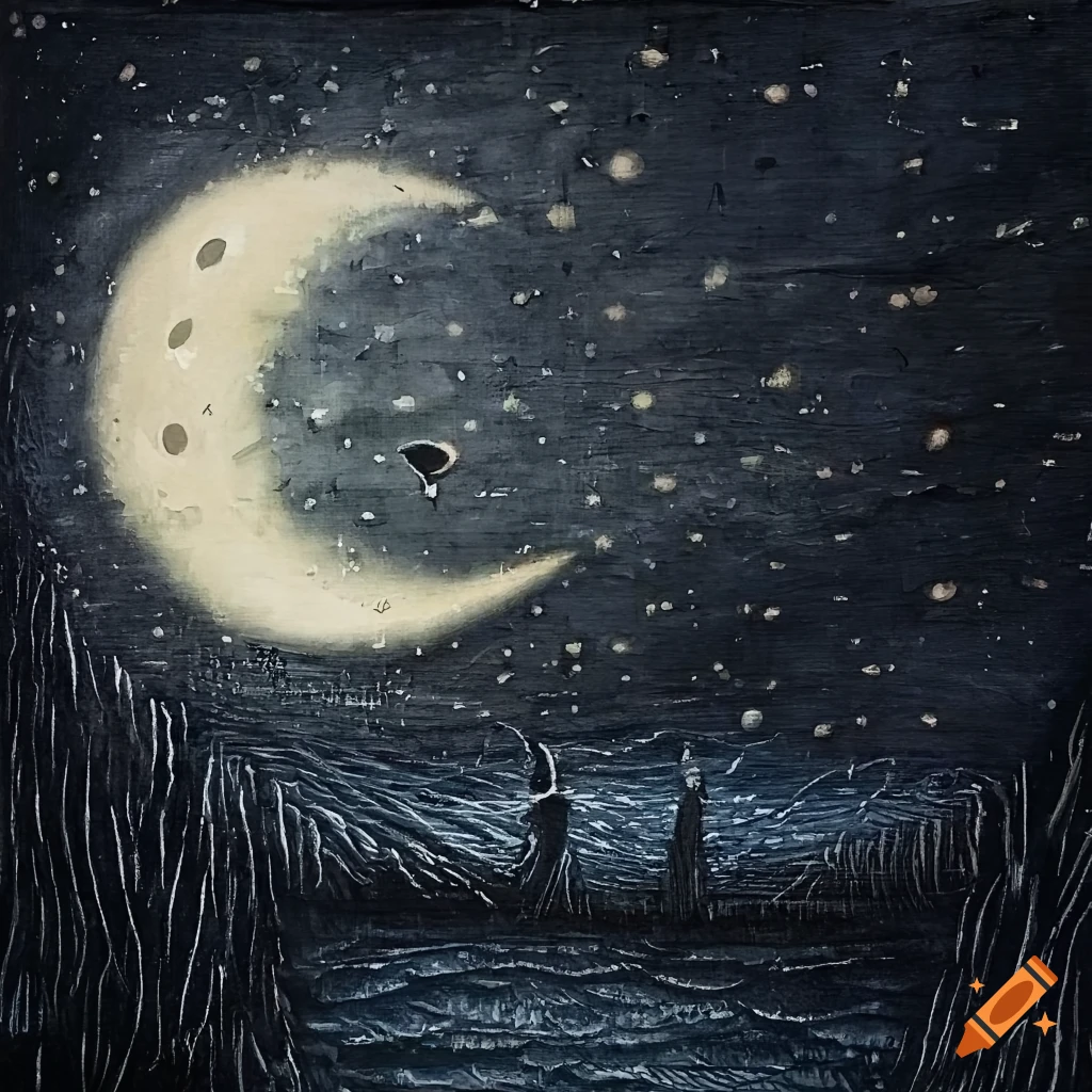 Moody Edward Gorey inspired painting with waxy moon, fog, and birds