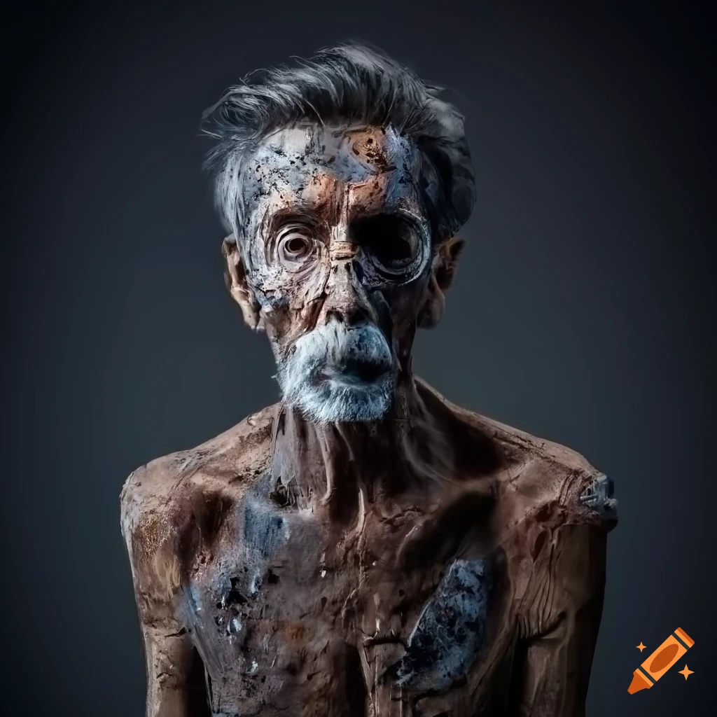 Photorealistic portrait of a handsome elderly cyborg with rusted parts