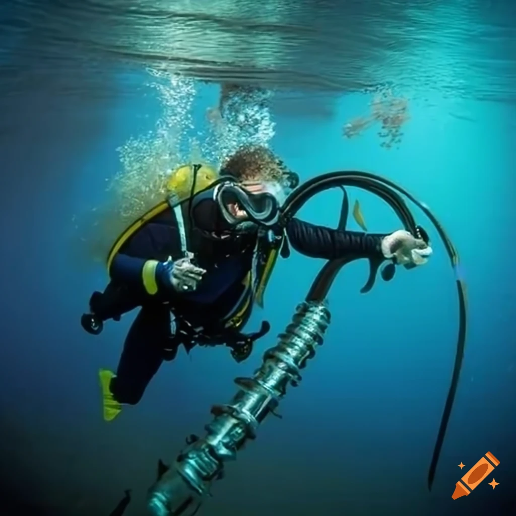 Underwater diver observing a large archimedes screw pump spiral drill
