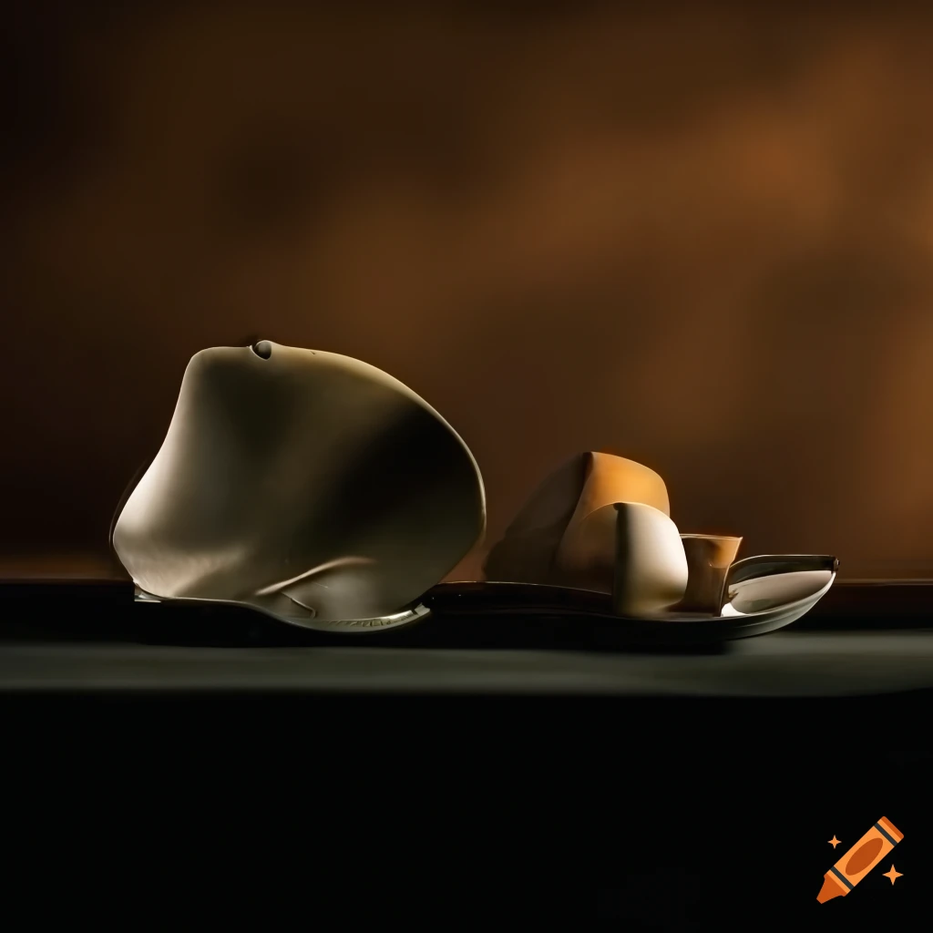 Two unique asymmetrical ceramic objects on a table in a dark hotel room