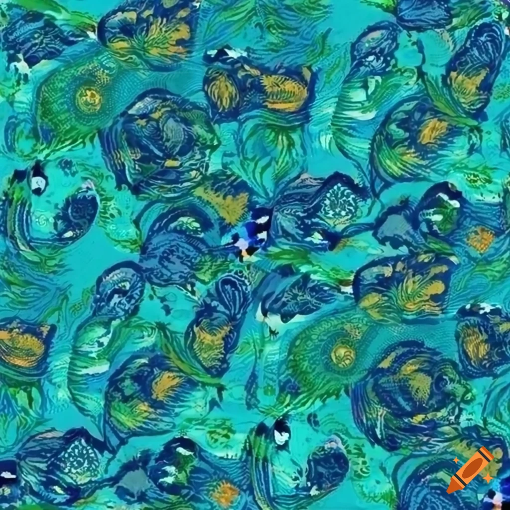 Boho fabric pattern with blue and green spots for silk shirt