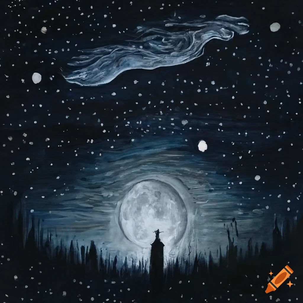 Moody Edward Gorey inspired painting with a large waxy moon, fog, and stars
