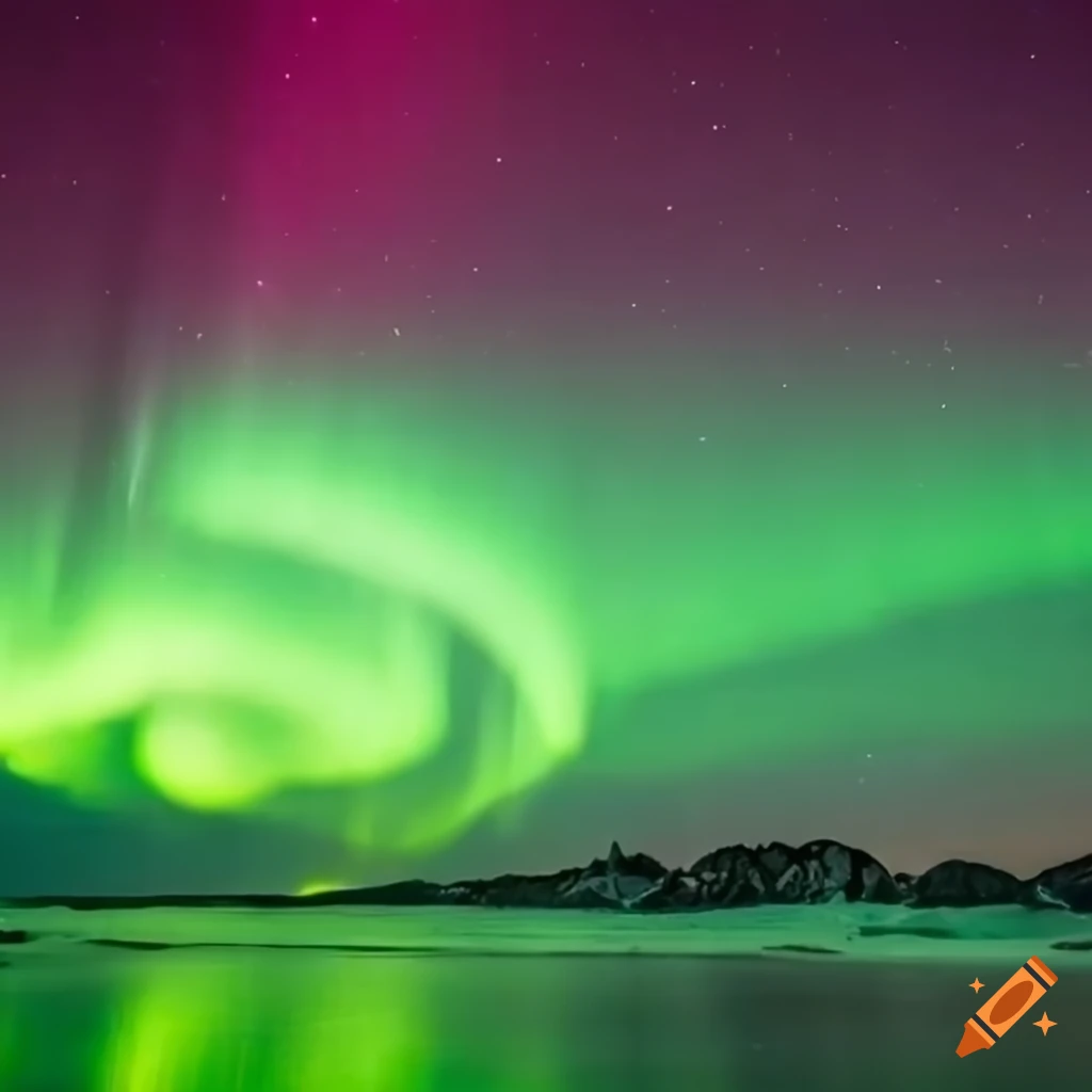 Beautiful aurora lights with pink and yellow hues alongside penguins