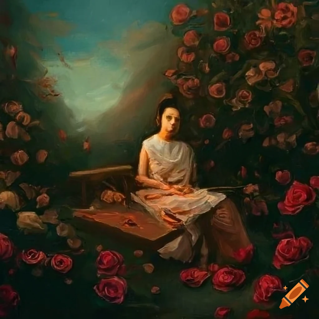 Person sitting among blooming roses with an artist's palette and canvas ...