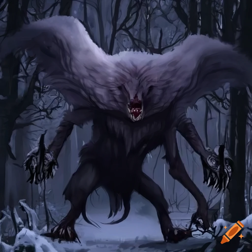 Dark beast preying in a snowy forest in fantasy art style on Craiyon