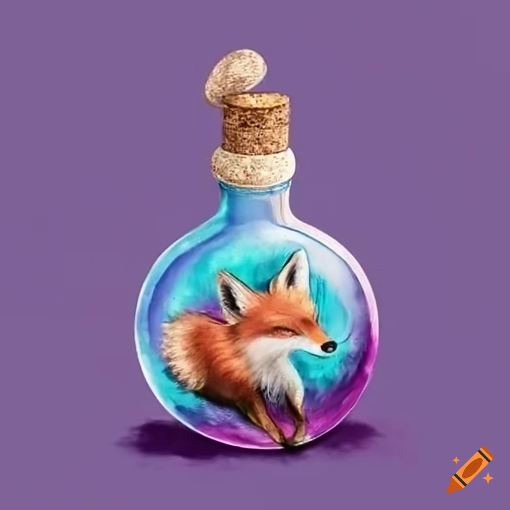 Purple and blue glittery liquid in a circular potion bottle with a cork, with a purple backdrop and a colorful fox