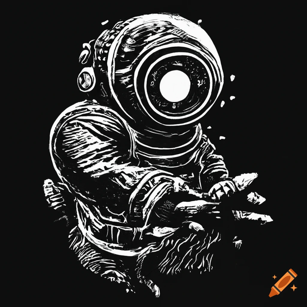 Astronaut with deep sea diver helmet falling in Beksiński-like linocut