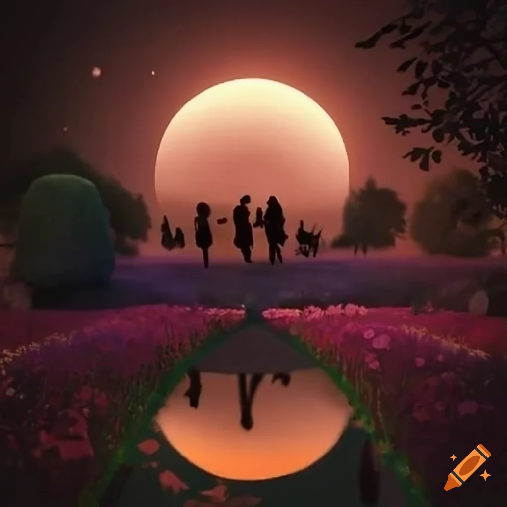 Garden meeting under a tender moon symbolizing love in twilight