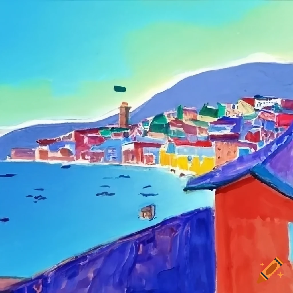 Aerial view of a colorful seaside town in Picasso and David Hockney style