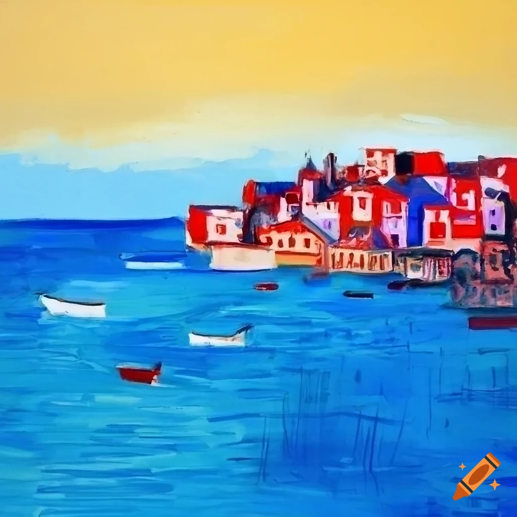 Aerial view of a colorful seaside town in Picasso and David Hockney style