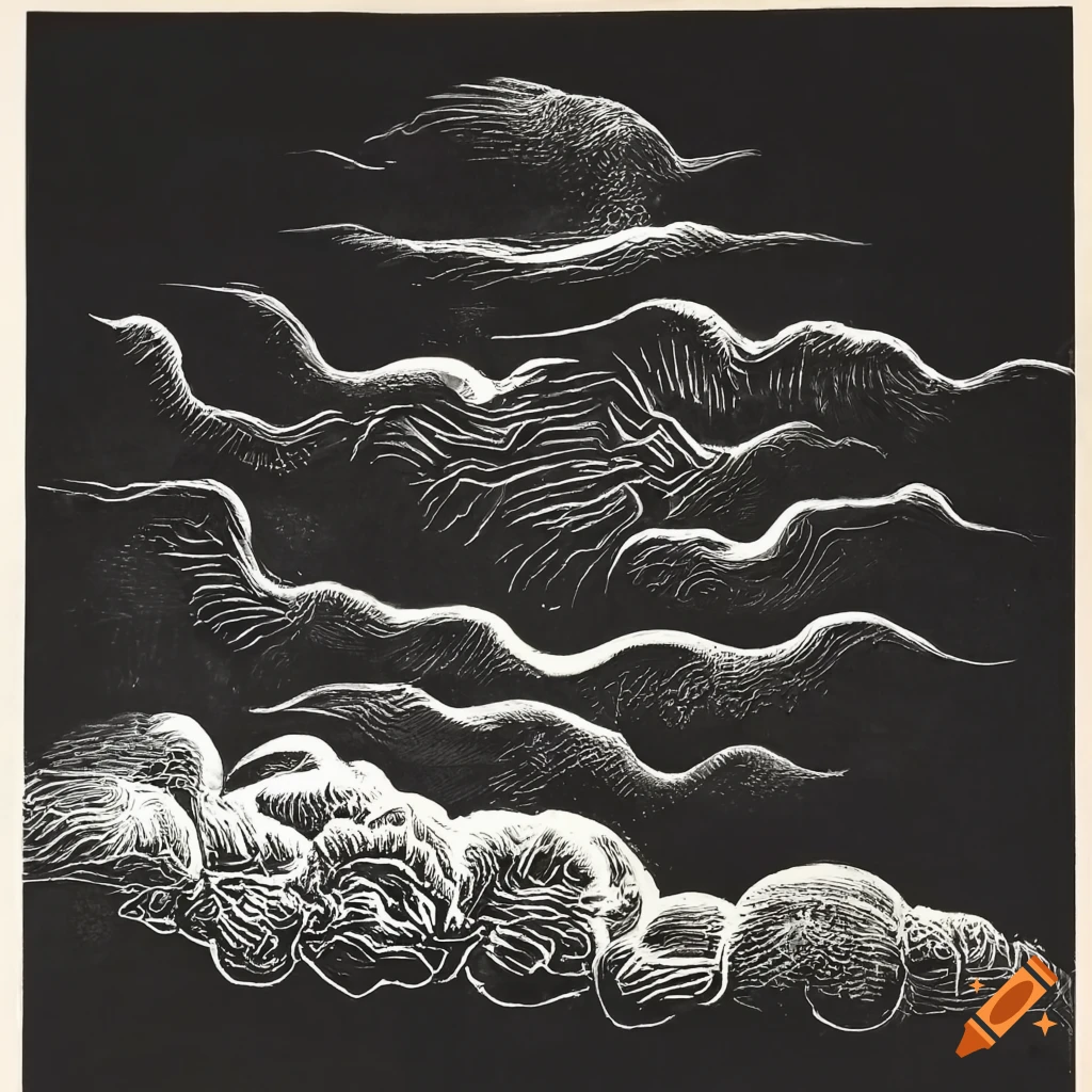 Linocut of a surreal cloud in the style of Zdzisław Beksiński