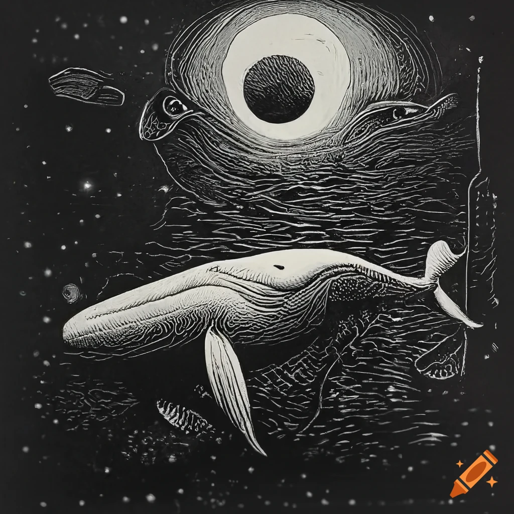 Whale flying through deep space in a surreal monochrome linocut style